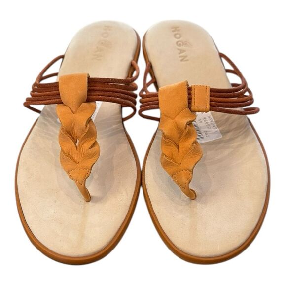 HOGAN Women's Ibiza Flip Flop Plait and Tubes Orange Leather Slide Sandals 39 - Picture 4 of 8